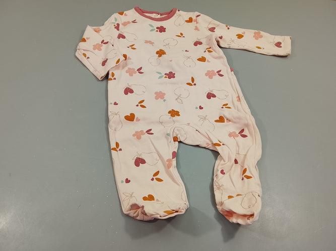 Pyjama jersey rose pâle texturé, motifs fleurs, fruits, coeurs, moins cher chez Petit Kiwi