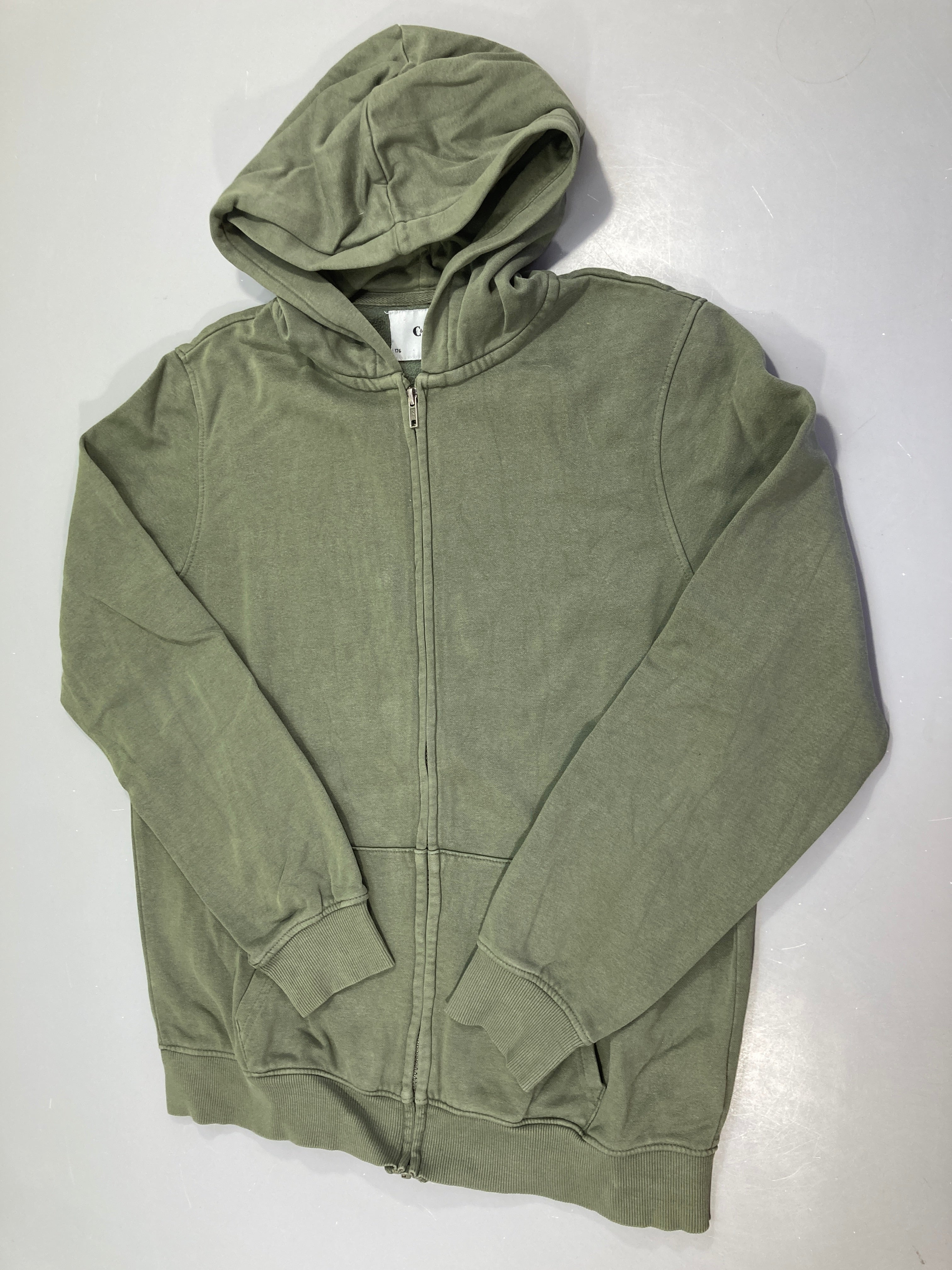Sweat zippé à capuche vert Légèrement délavé