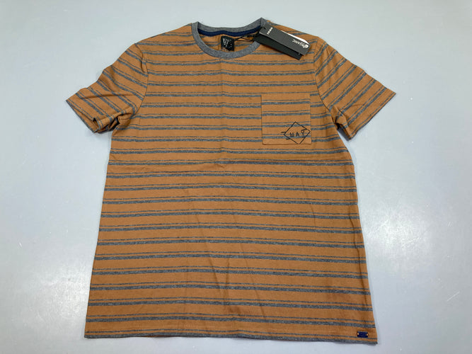 NEUF T-shirt m.c brun rayé gris chiné poche, moins cher chez Petit Kiwi