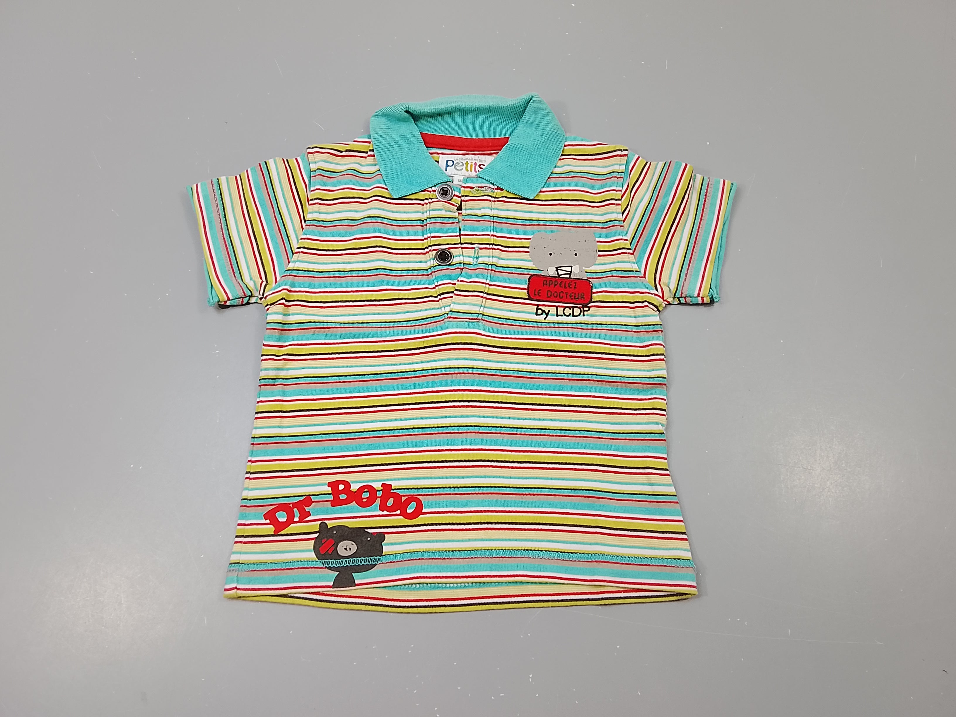 Polo m.c en jersey rayé multicolore, col bleu, tête d'éléphant 