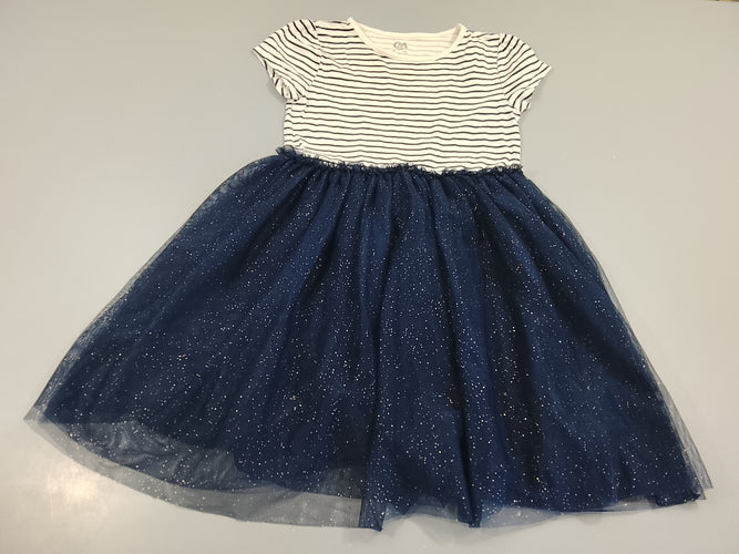 Robe m.c dessus blanc rayé bleu marine, dessous en tulles bleu marine pailleté, moins cher chez Petit Kiwi