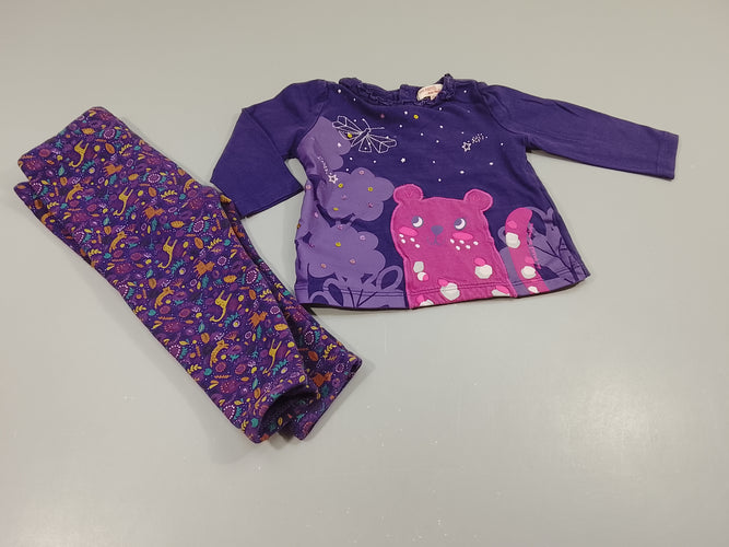 Ensemble T-shirt m.l mauve  chat rose + Pantalon mauve à motifs, moins cher chez Petit Kiwi