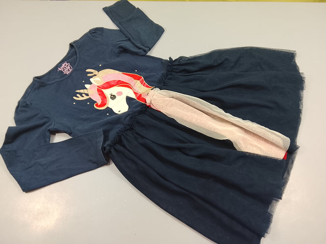 Robe m.l  jersey bleu marine , licorne pailletée, dessous tulle, moins cher chez Petit Kiwi