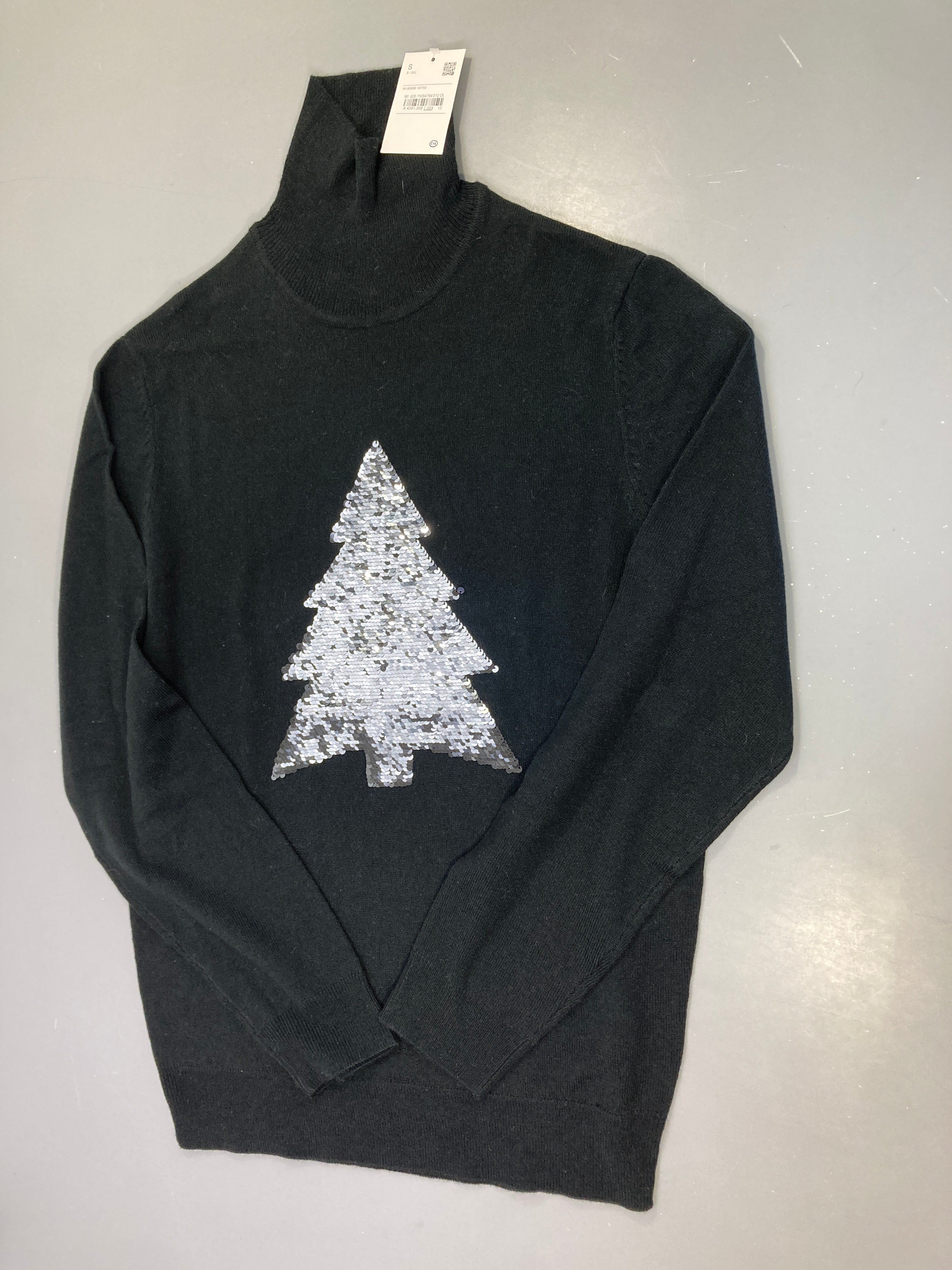 Robe noire ml col roulé sapin sequins, NEUF