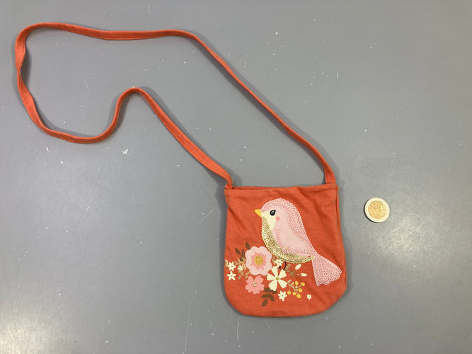 Petite pochette bandoulière textile orangée oiseau sequins, moins cher chez Petit Kiwi
