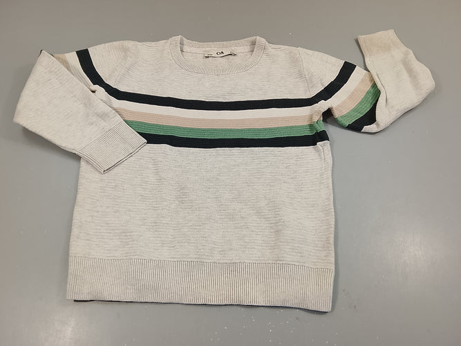 Pull gris clair, texturé rayé bleu marine, beige, vert,petit prix car  taché à la manche, moins cher chez Petit Kiwi