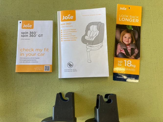 Parfait état-Siège-auto pivotant Joie Spin 360° Groupe 0+/1 de la naissance (avec le réducteur nveau né)  à 18 kg-Dos route de 0 à 9kg (9mois environ) Face route de 9 à 18Kg, moins cher chez Petit Kiwi