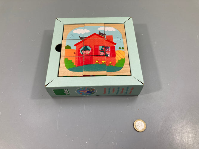 9 cubes en bois puzzle contes, manque couvercle boite, moins cher chez Petit Kiwi