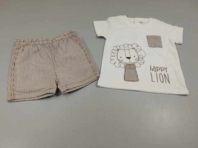Ensemble T-shirt m.c blanc lion "happy lion"+ Short rayé brun blanc, moins cher chez Petit Kiwi