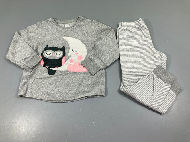 Pyjama 2pcs velours gris chiné hibou/lune, taché bas Pantalon, moins cher chez Petit Kiwi