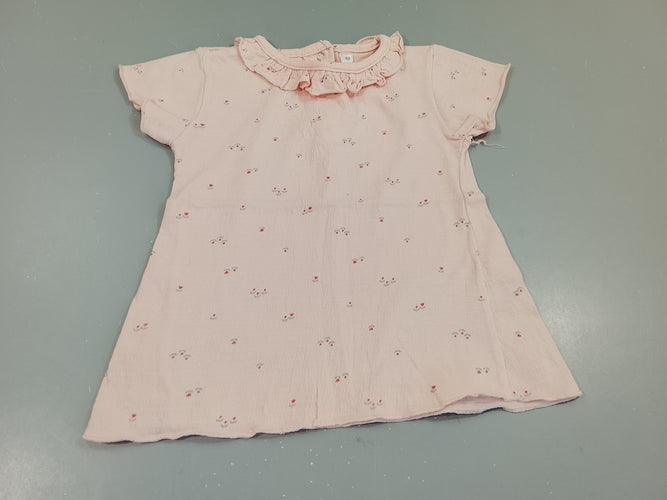Blouse m.c rose clair, petites fleurs. Col froufrou, moins cher chez Petit Kiwi