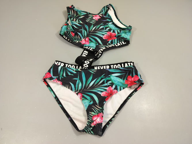Bikini 2 pièces noir  motifs feuillage vert et fleurs roses, moins cher chez Petit Kiwi