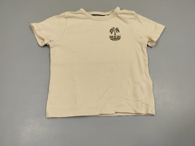 T-shirt m.c beige très clair,palmier "sun set reset" 100% coton, moins cher chez Petit Kiwi