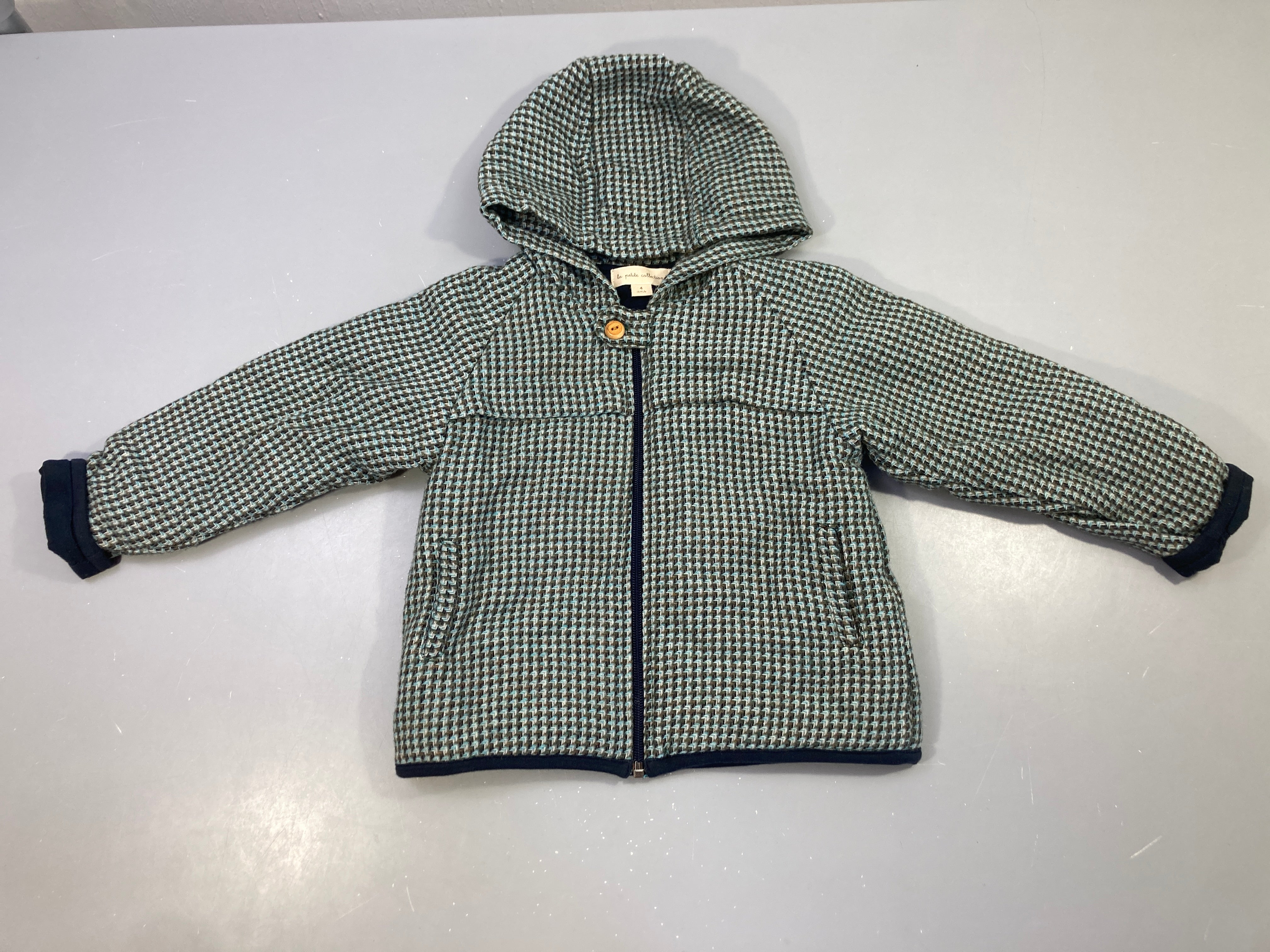 Veste à capuche style tweed motif pied de poule vert-bleu-gris-La petite collection