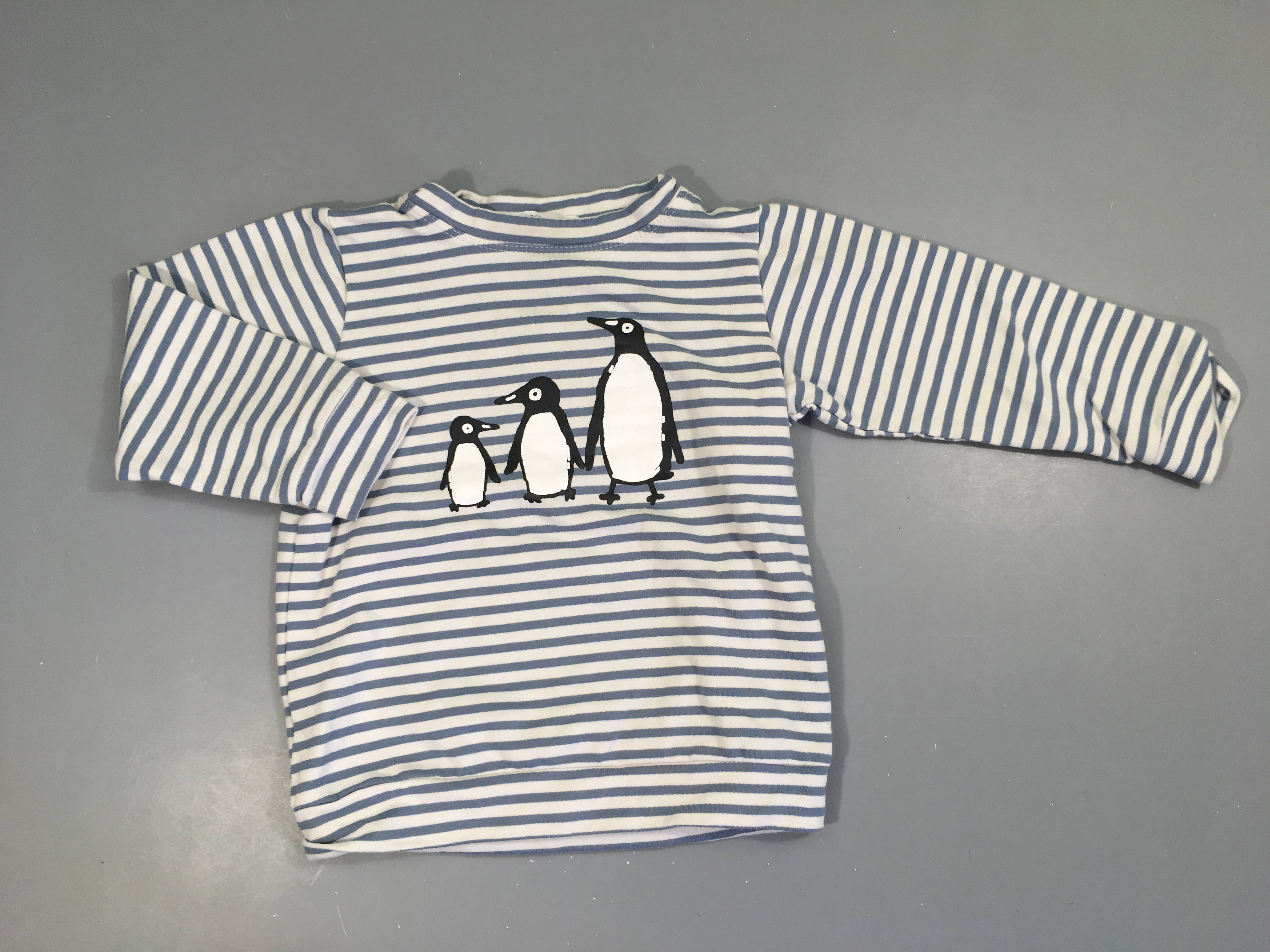 Sweat blanc rayé bleu pingouins, bouloché