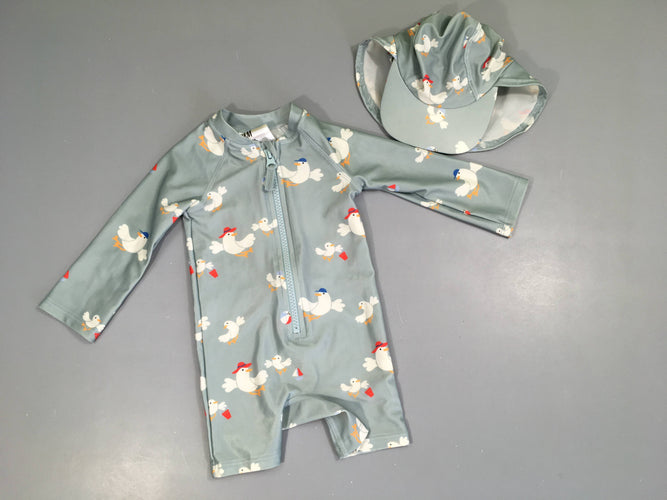 Combinaison anti-uv gris mouettes + casquette, moins cher chez Petit Kiwi