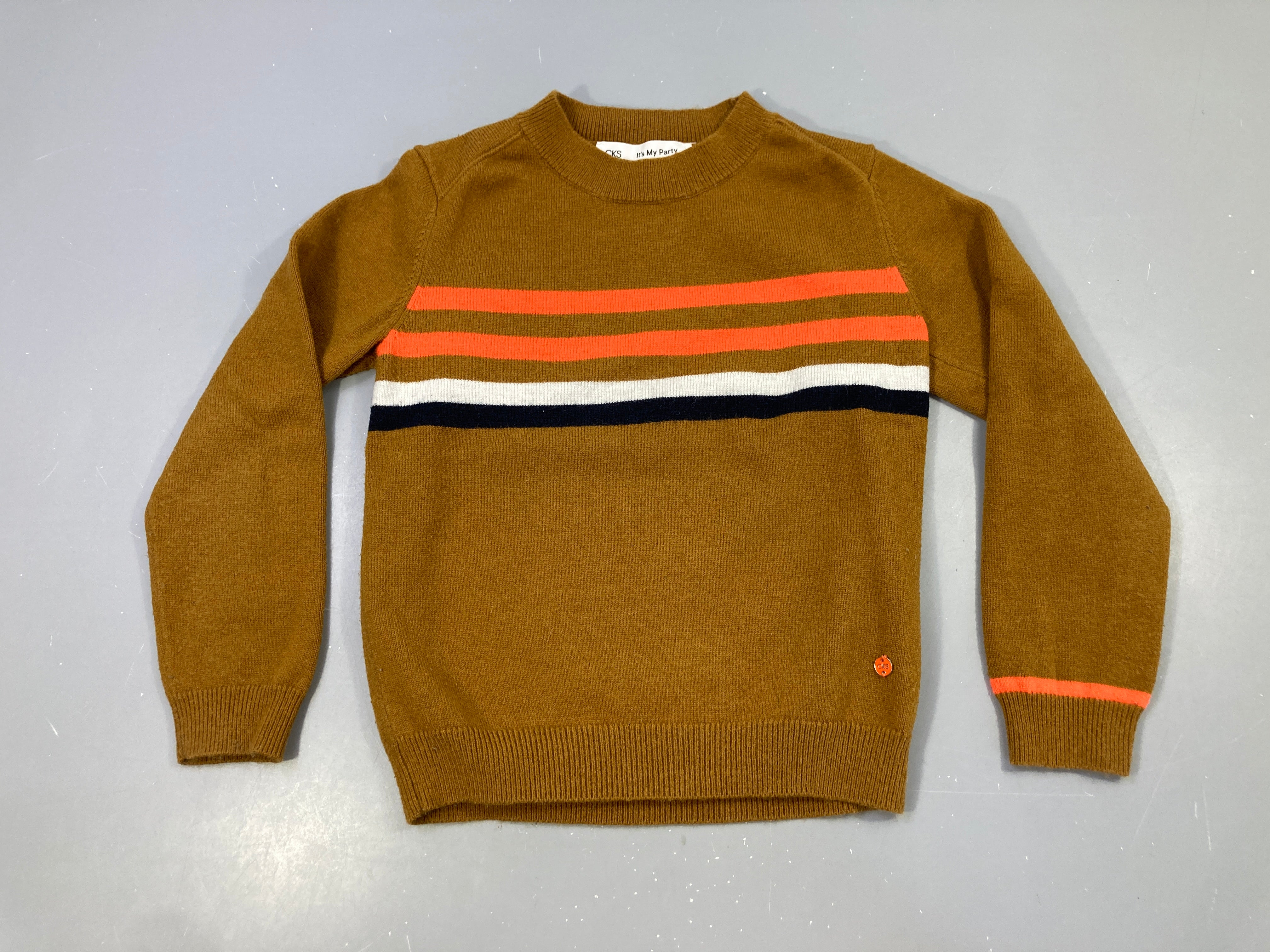 Pull ocre rayé orange-blanc-bleu -Bouloches
