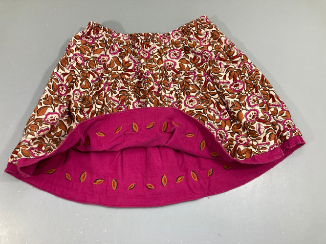 Jupe réversible velours rose et fleurs roses et brunes taille élastique,taille estimée, moins cher chez Petit Kiwi