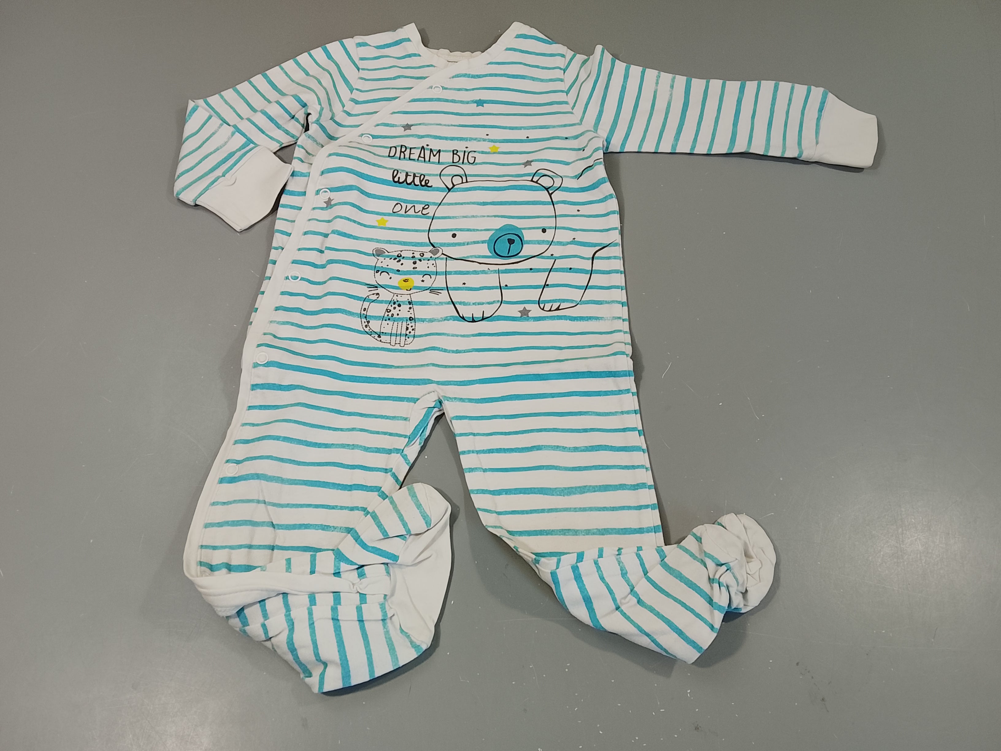 Pyjama jersey blanc rayé bleu, ours et panthère 