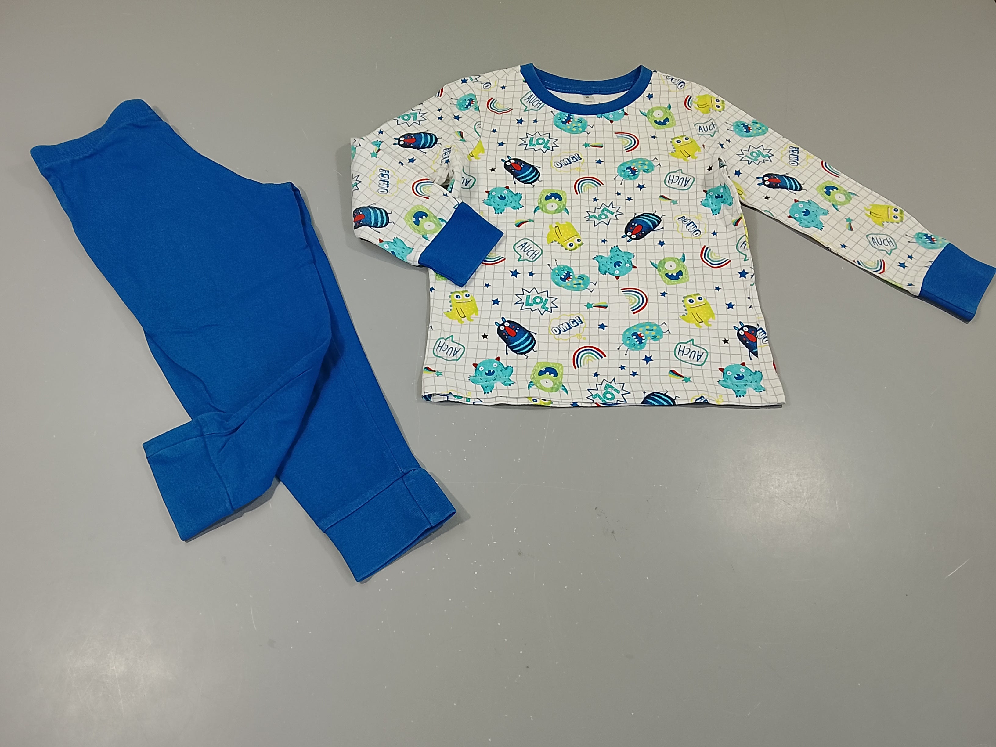 Pyjama 2pcs jersey  blanc et bleu monstres