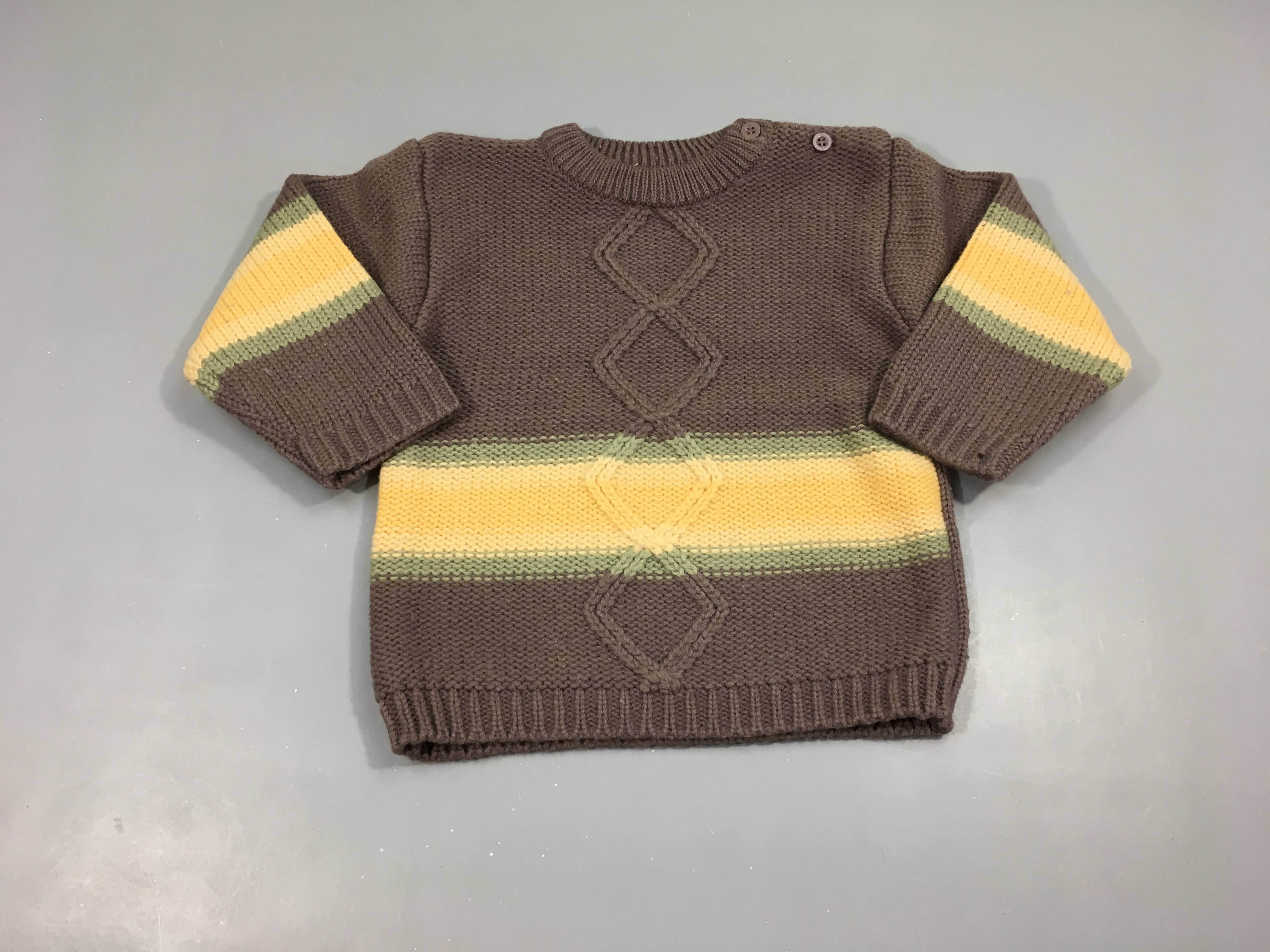 Pull mauve rayé vert/beige, 30% laine