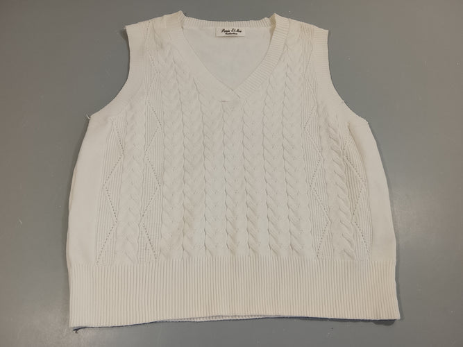 Pull Paris Et Moi  s.m blanc , torsadé à l'avant, légère tache jaune à l'avant, pas de taille indiquée , estimée S, moins cher chez Petit Kiwi