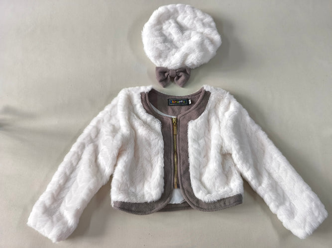 Gilet zippé fausse fourrure blanc/taupe + béret, moins cher chez Petit Kiwi