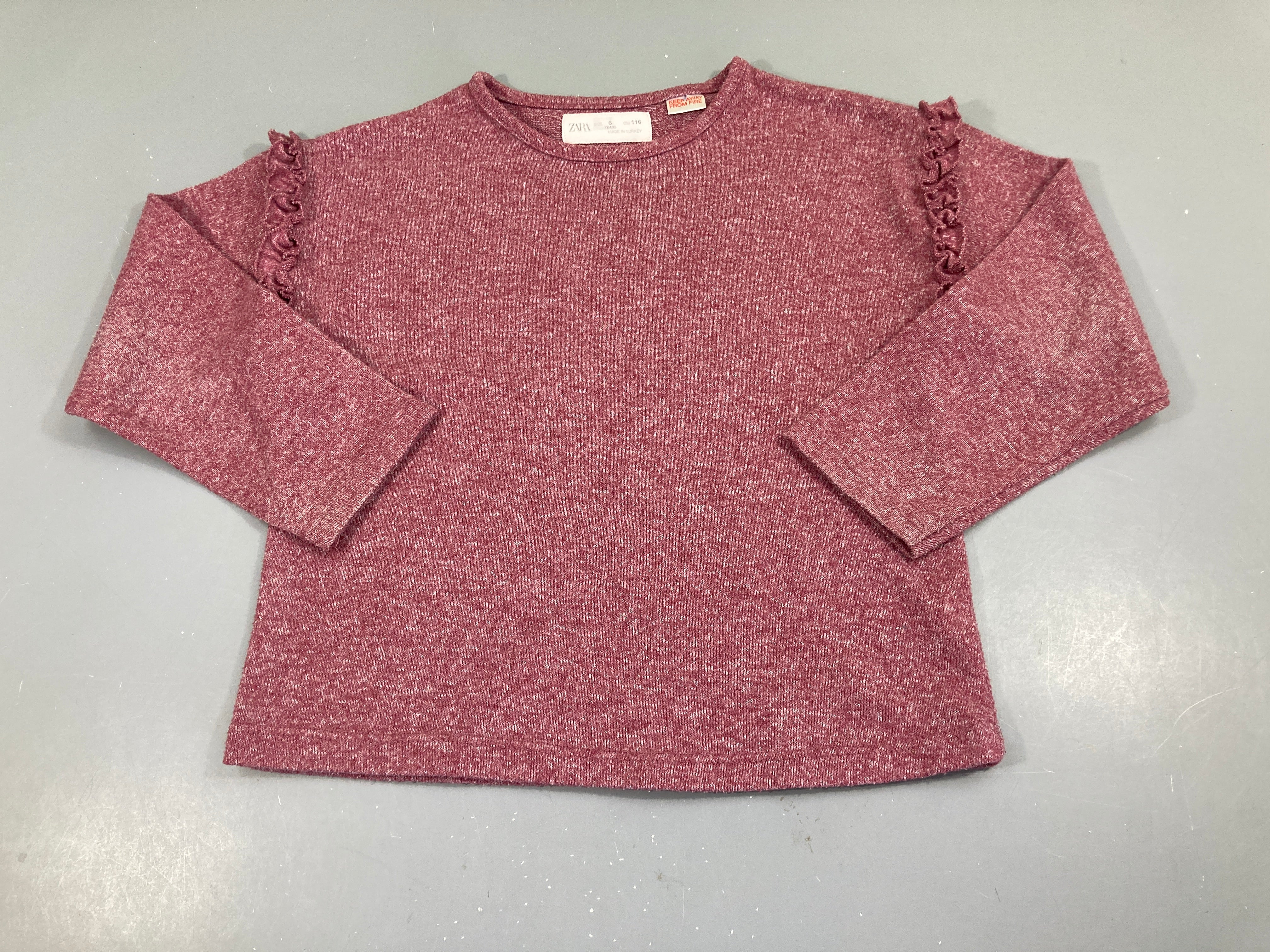 Pull léger rose/mauve froufrous, légèrement bouloché