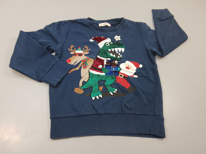 Sweat de noël bleu marine , dinosaure en sequins réversibles, renne et père noël, moins cher chez Petit Kiwi