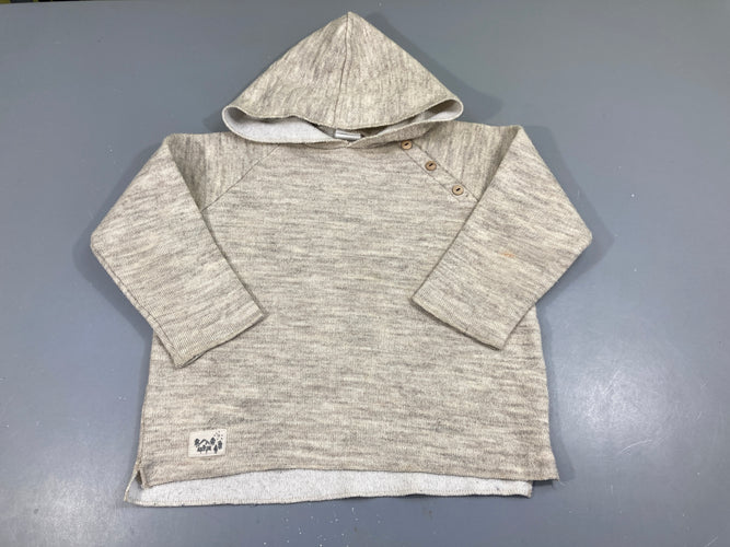 Pull beige chiné à capuche boutons, bouloché, moins cher chez Petit Kiwi