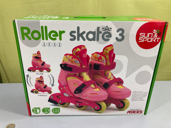 NEUF roller skate 3 rose/jaune convertible 2 à 3 roues, 26-30, moins cher chez Petit Kiwi