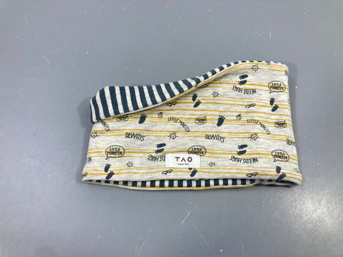 Tour de cou réversible gris chiné rayé jaune motifs  empreintes de pieds, "always",.../  ligné gris bleu, moins cher chez Petit Kiwi