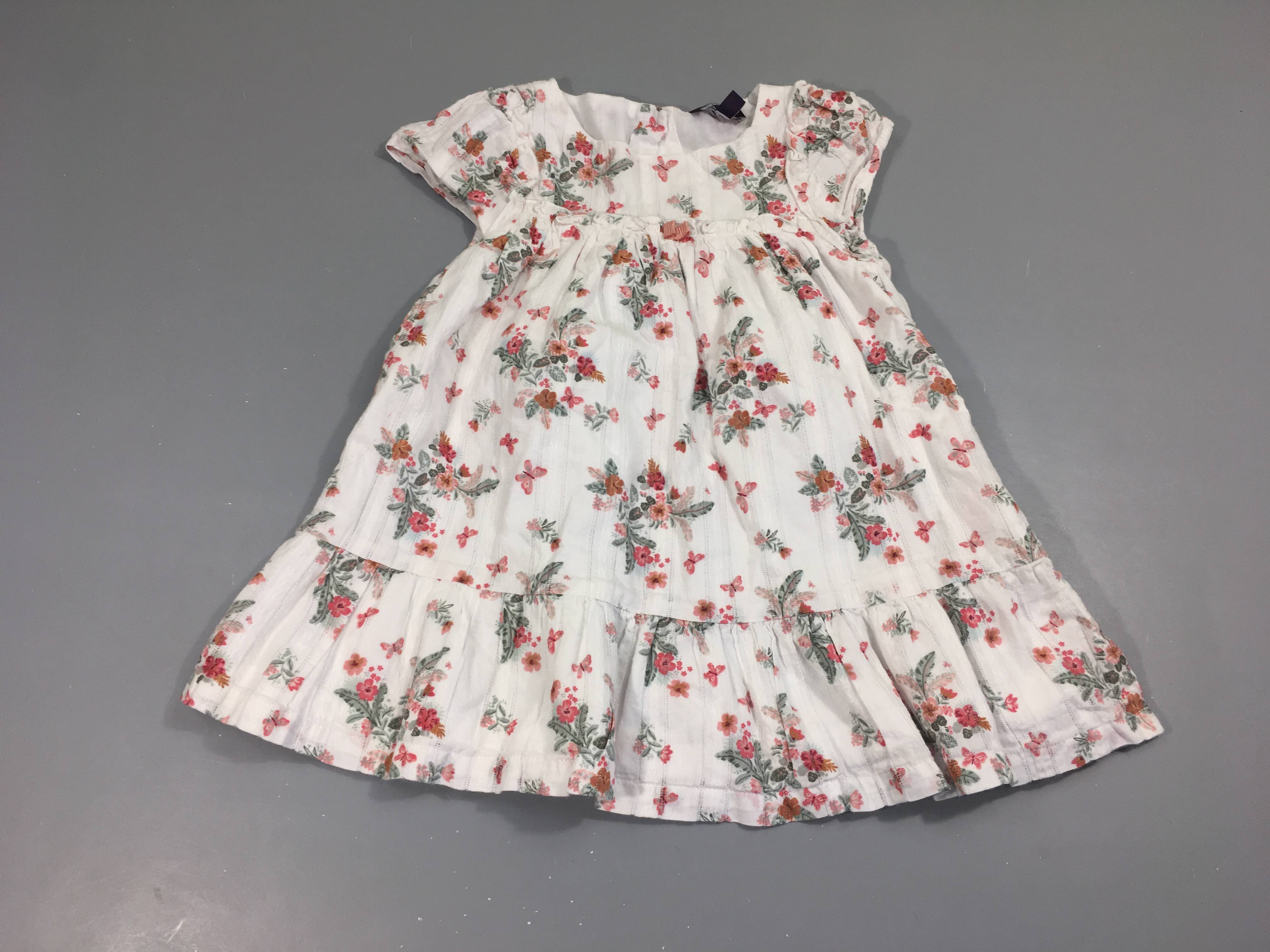 Robe m.c blanche doublée fleurie rose kaki Boutonnée arrière 100%Coton