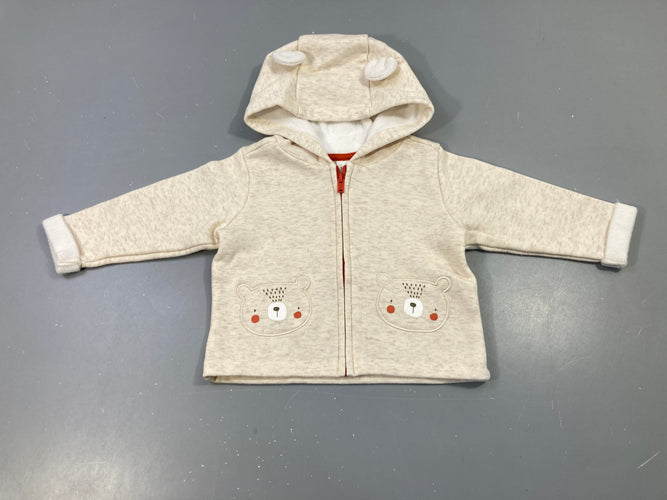 Swet zippé à capuche beige clair chiné, têtes d'oursons, intérieur doux et chaud. Légèrement bouloché, moins cher chez Petit Kiwi