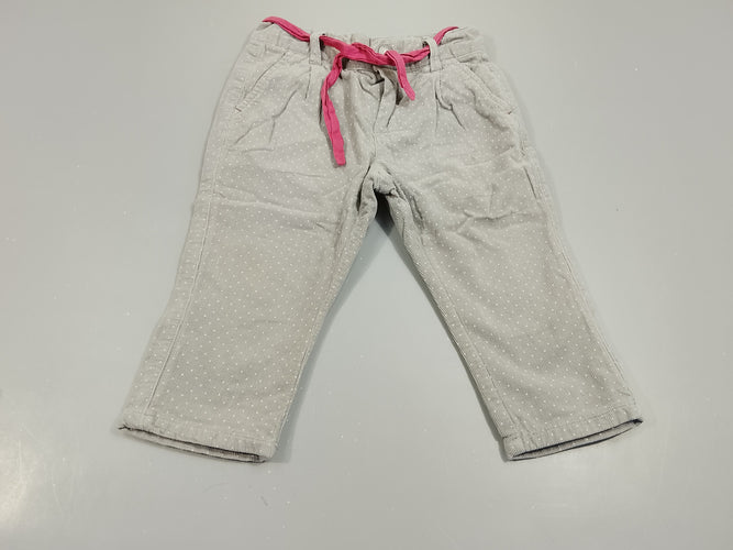 Pantalon velours côtelé gris à pois blancs doublé jersey + ceinture rose, moins cher chez Petit Kiwi