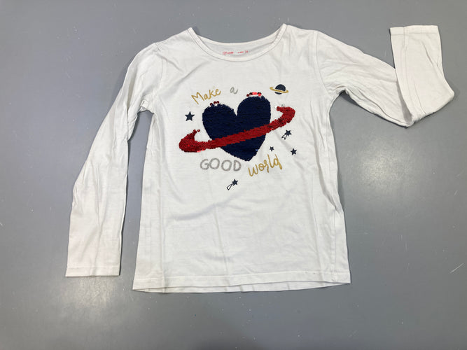T-shirt m.l blanc , coeur  en seqins réversibles , rouge et bleu, moins cher chez Petit Kiwi