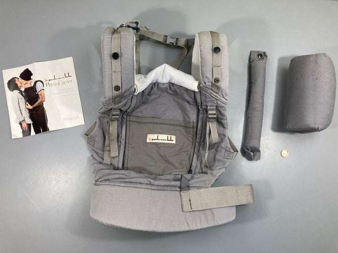 Porte-bébé physiocarrier gris je porte mon bébé + sangle tête et rehausseur, sangle légèrement auréolée, moins cher chez Petit Kiwi