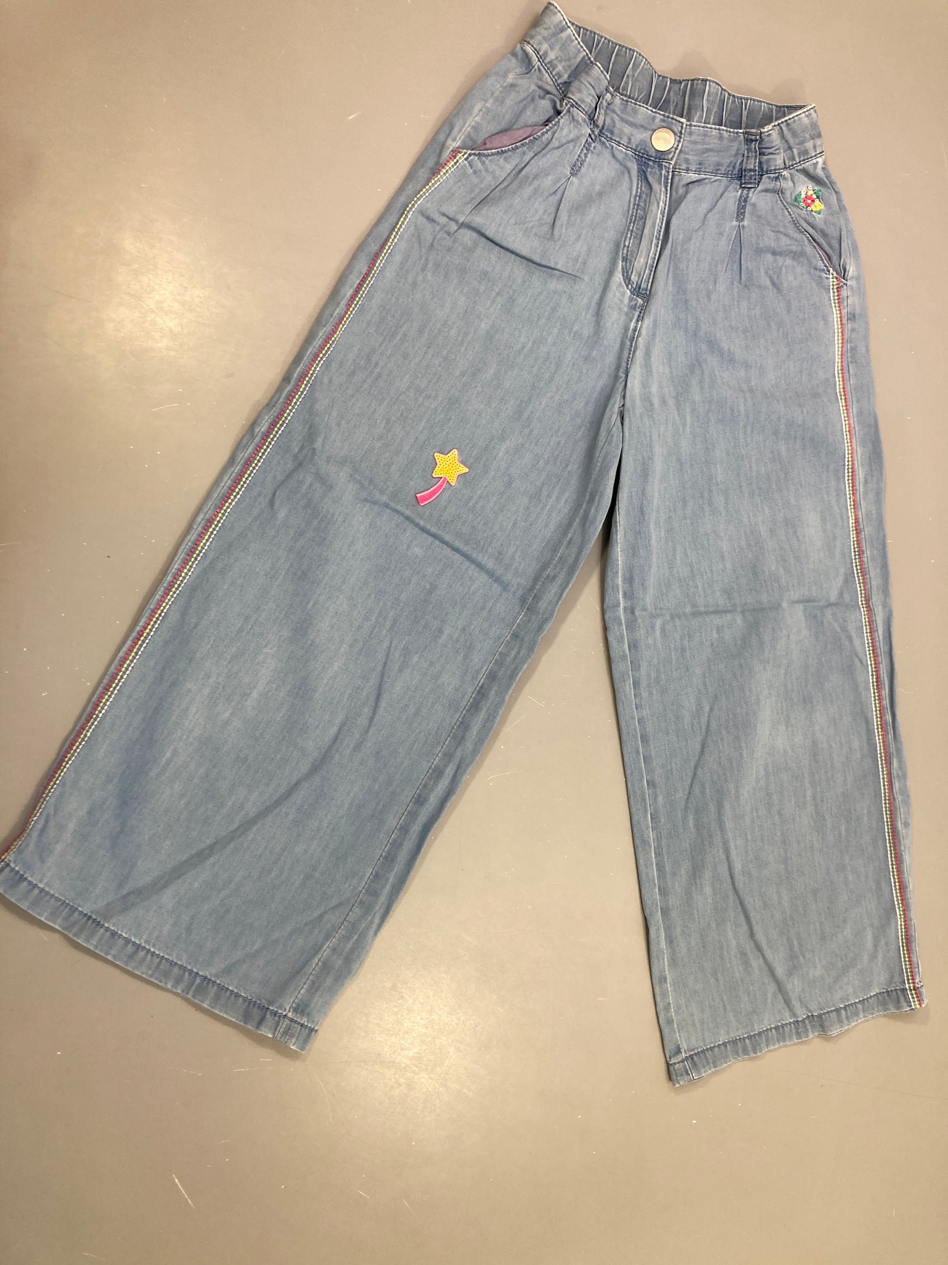 Pantalon denim , baguette magique en sequins rose et jaune