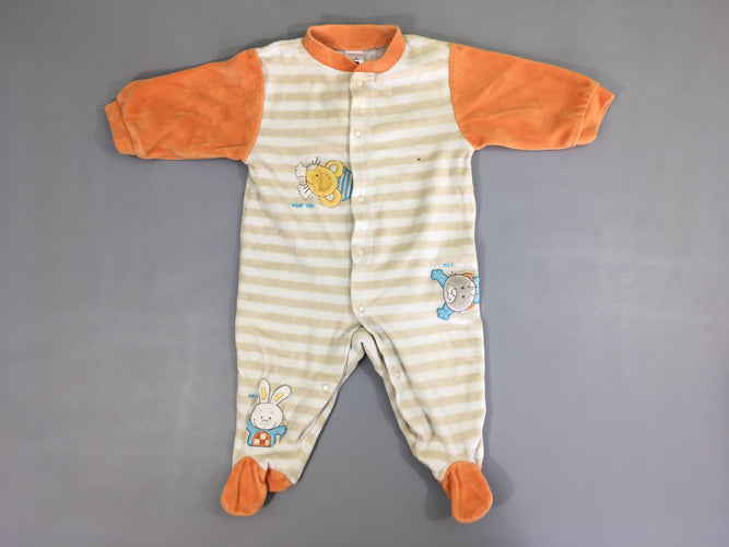 Pyjama velours blanc rayé beige/orange souris, moins cher chez Petit Kiwi