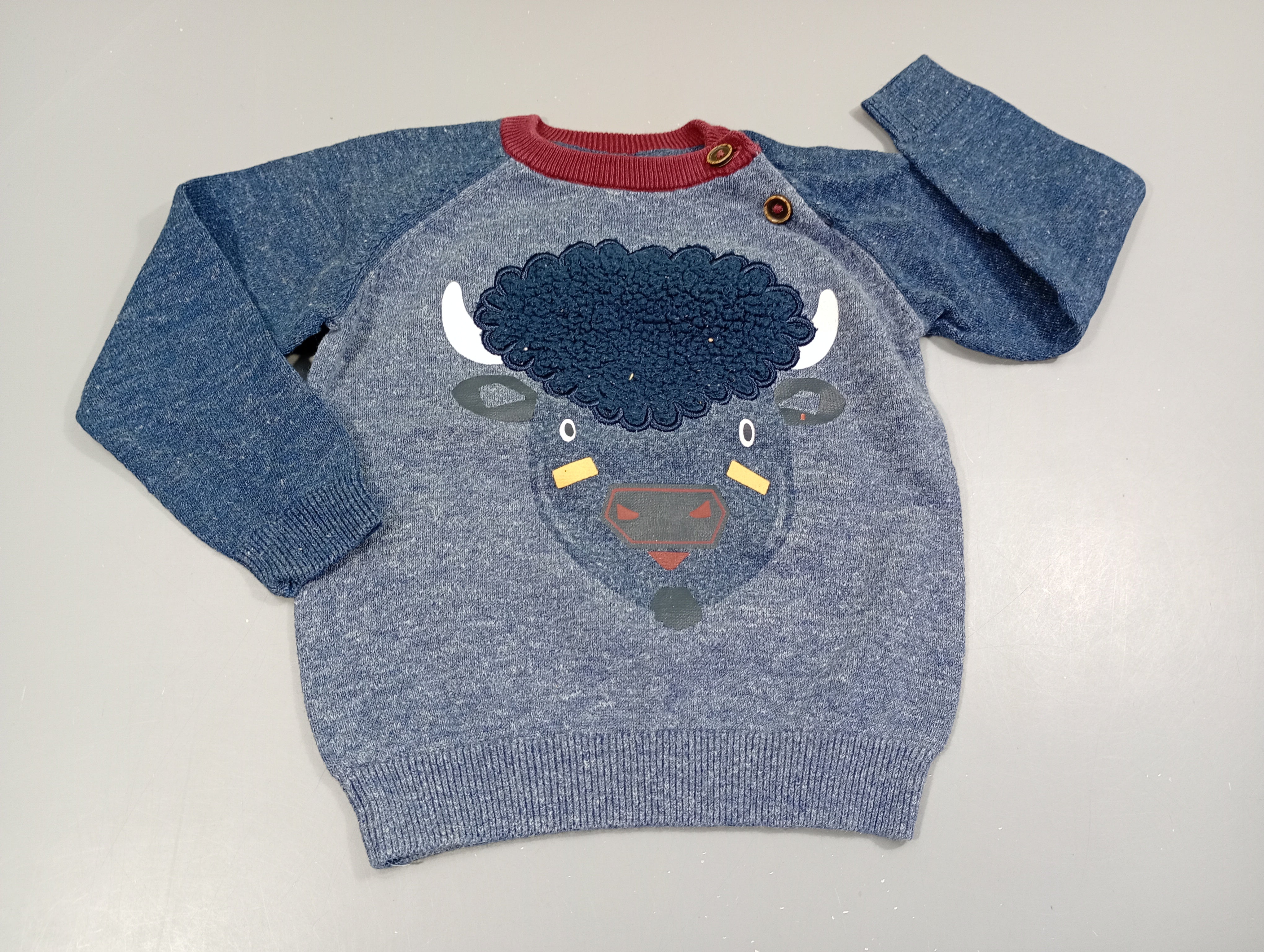 Pull bleu chiné, tête de bison.