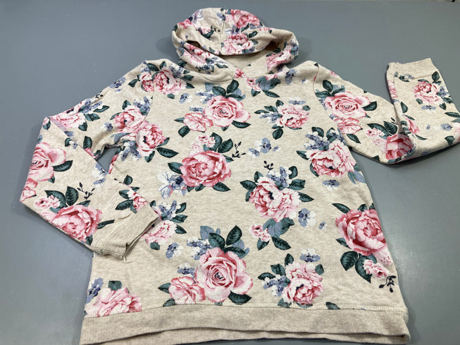 Sweat ml à capuche beige  motifs roses, légèrement bouloché, moins cher chez Petit Kiwi