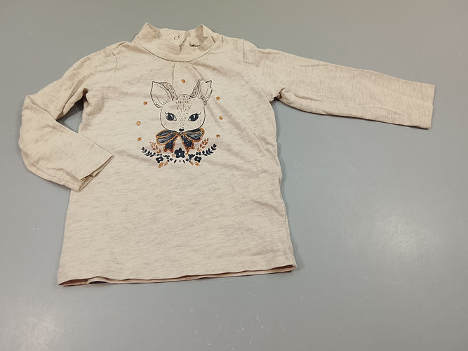 T-shirt m.l  à col roulé greige clair flammé, tête de faon  (taché au dessous du col), moins cher chez Petit Kiwi