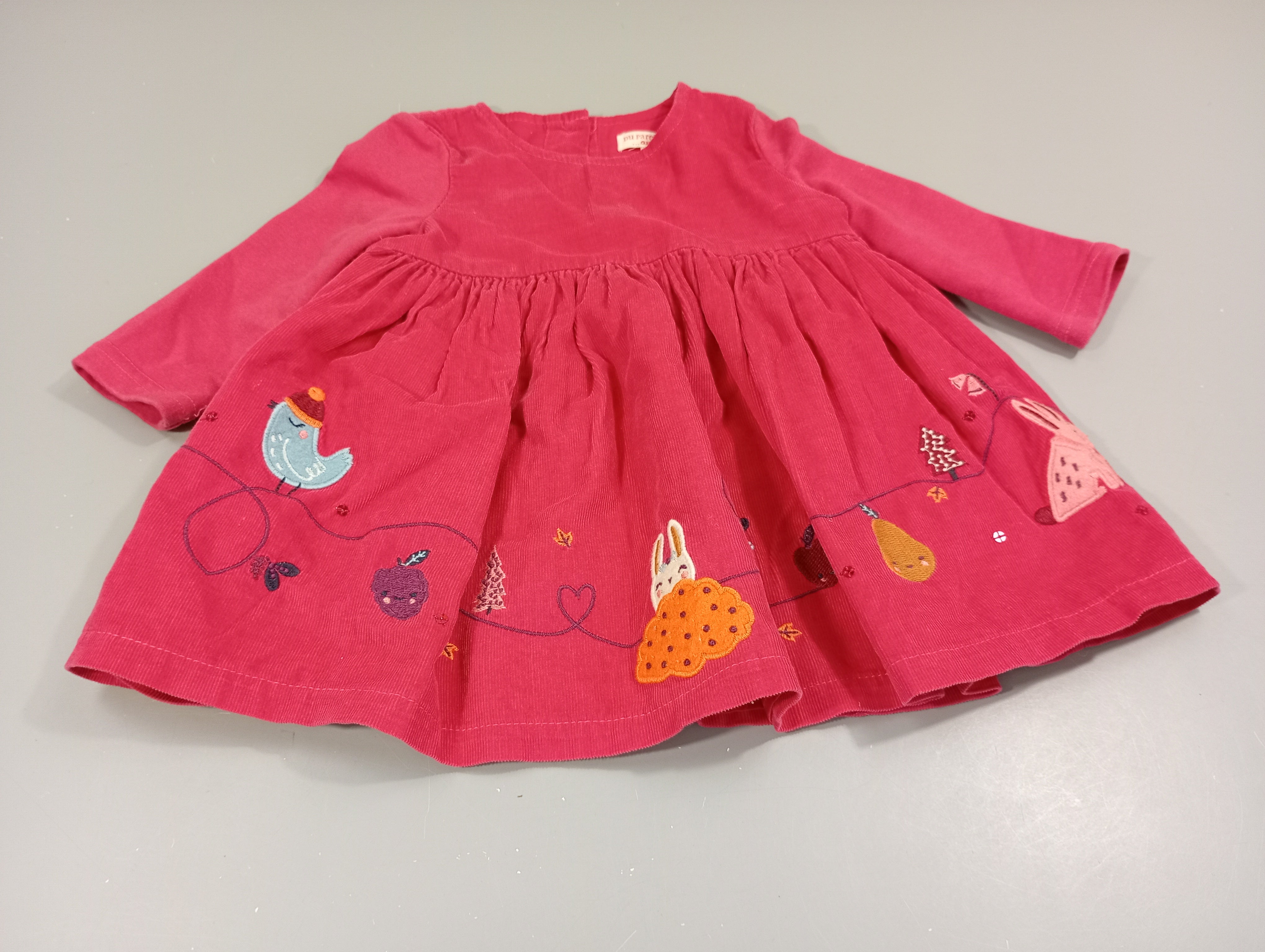 Robe m.l velours côtelé rose , oiseau, lapin, framboise, poire,...