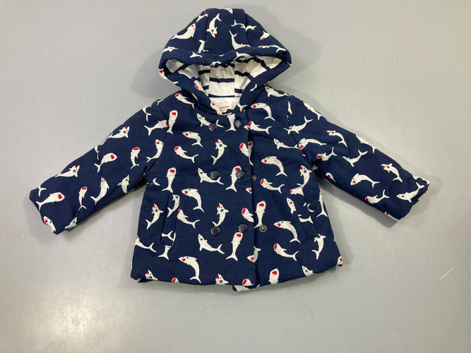 Etat neuf Veste bleu foncé  imprimé requins, doublure rayée, moins cher chez Petit Kiwi