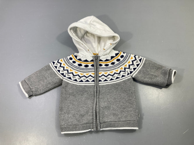 Gilet zippé gris à capuche doublé peluche, motif jacquard, moins cher chez Petit Kiwi