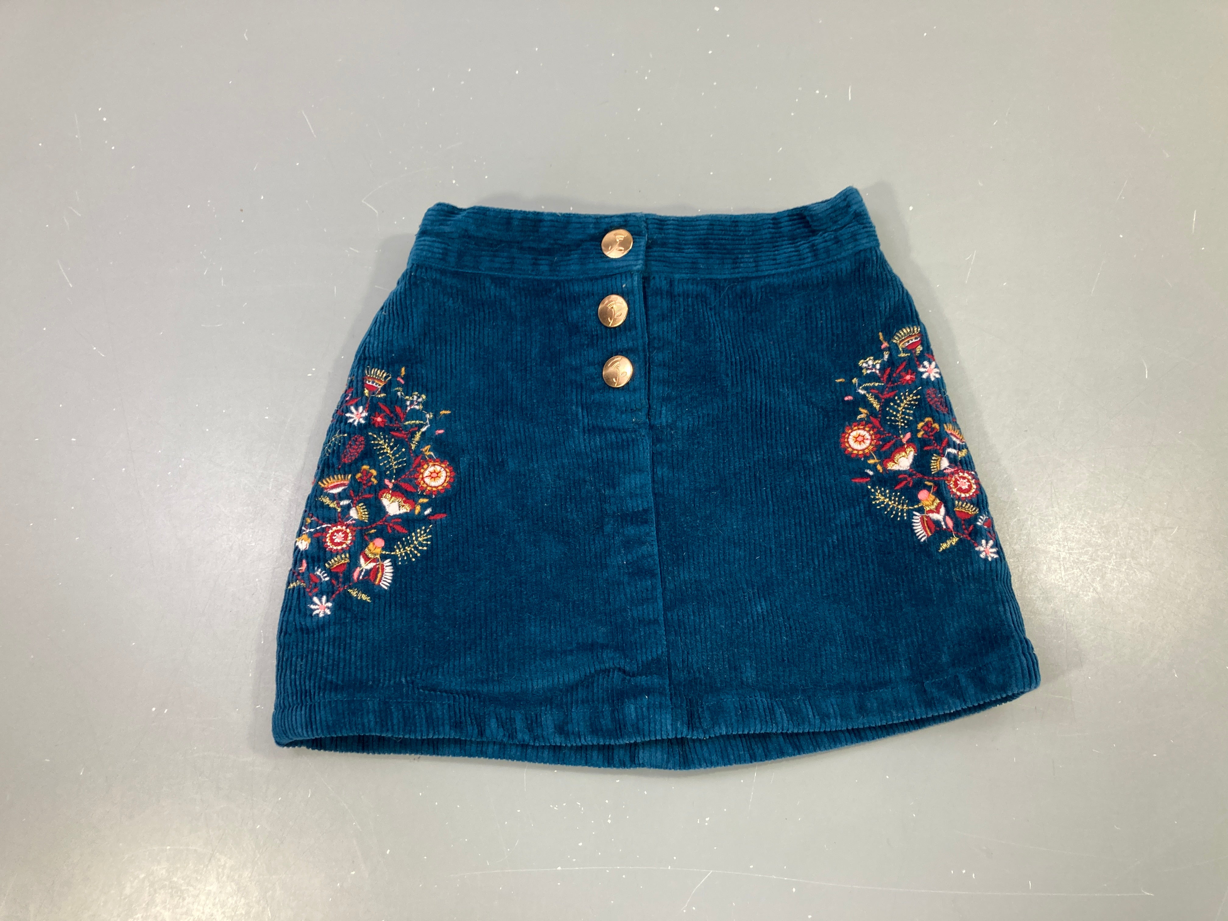 Jupe velours bleu, broderie florale