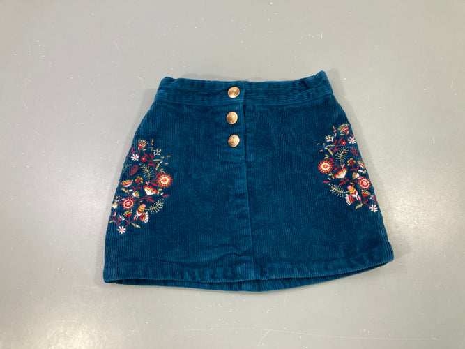 Jupe velours bleu, broderie florale, moins cher chez Petit Kiwi