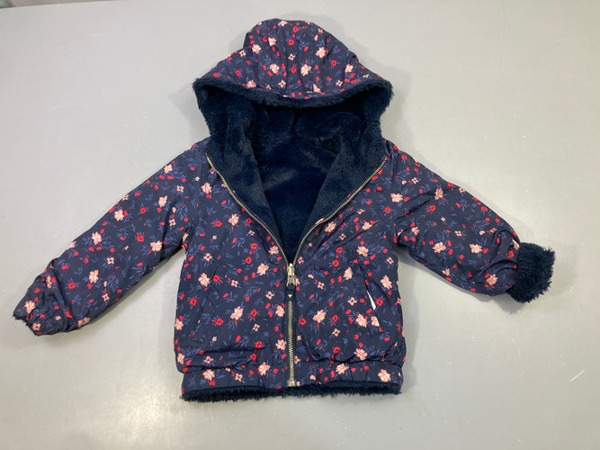 Veste réversible fleurie bleu marine/rose à capuche, moins cher chez Petit Kiwi
