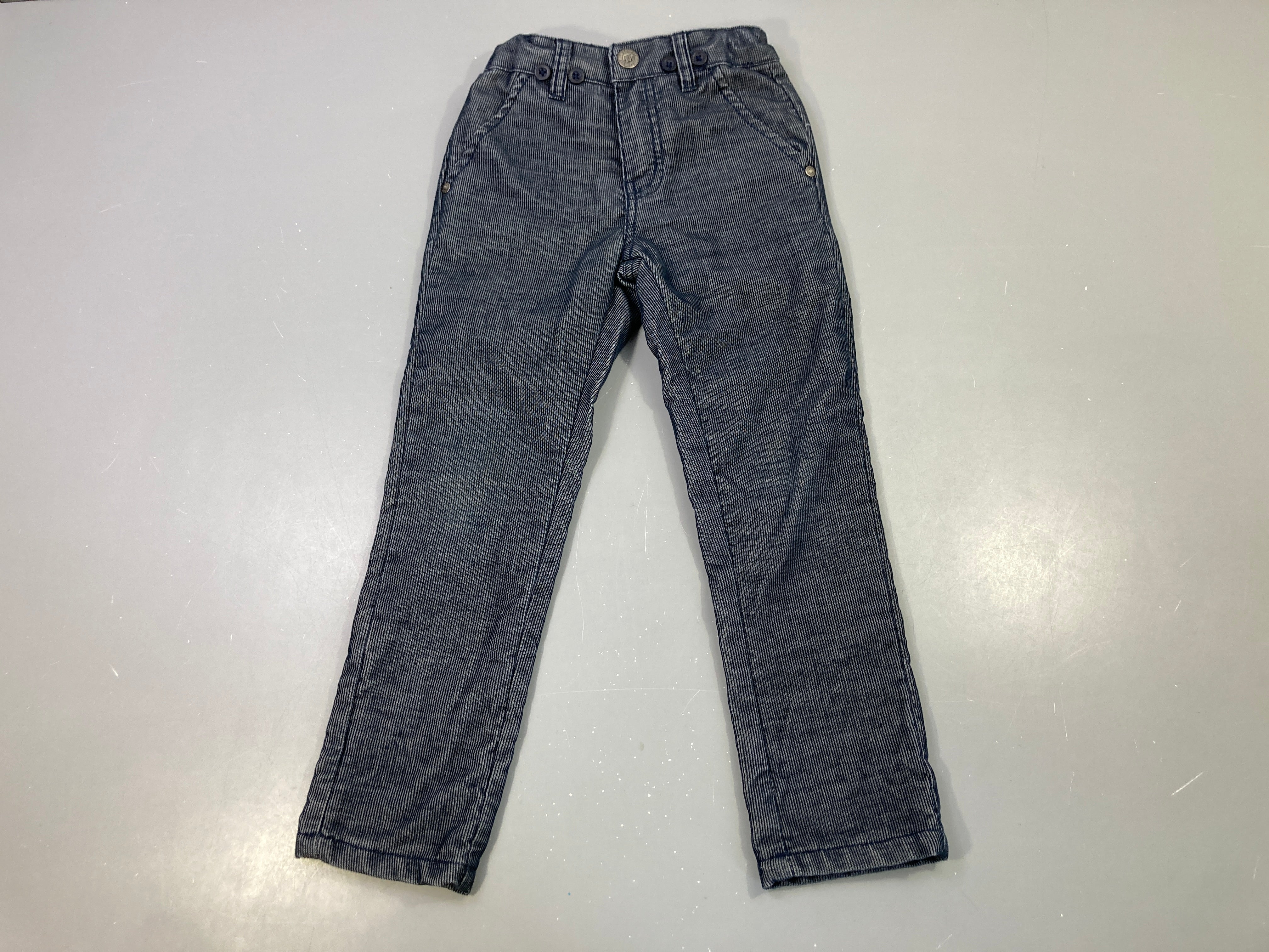 Pantalon velours côtelé rayé bleu, doublé jersey