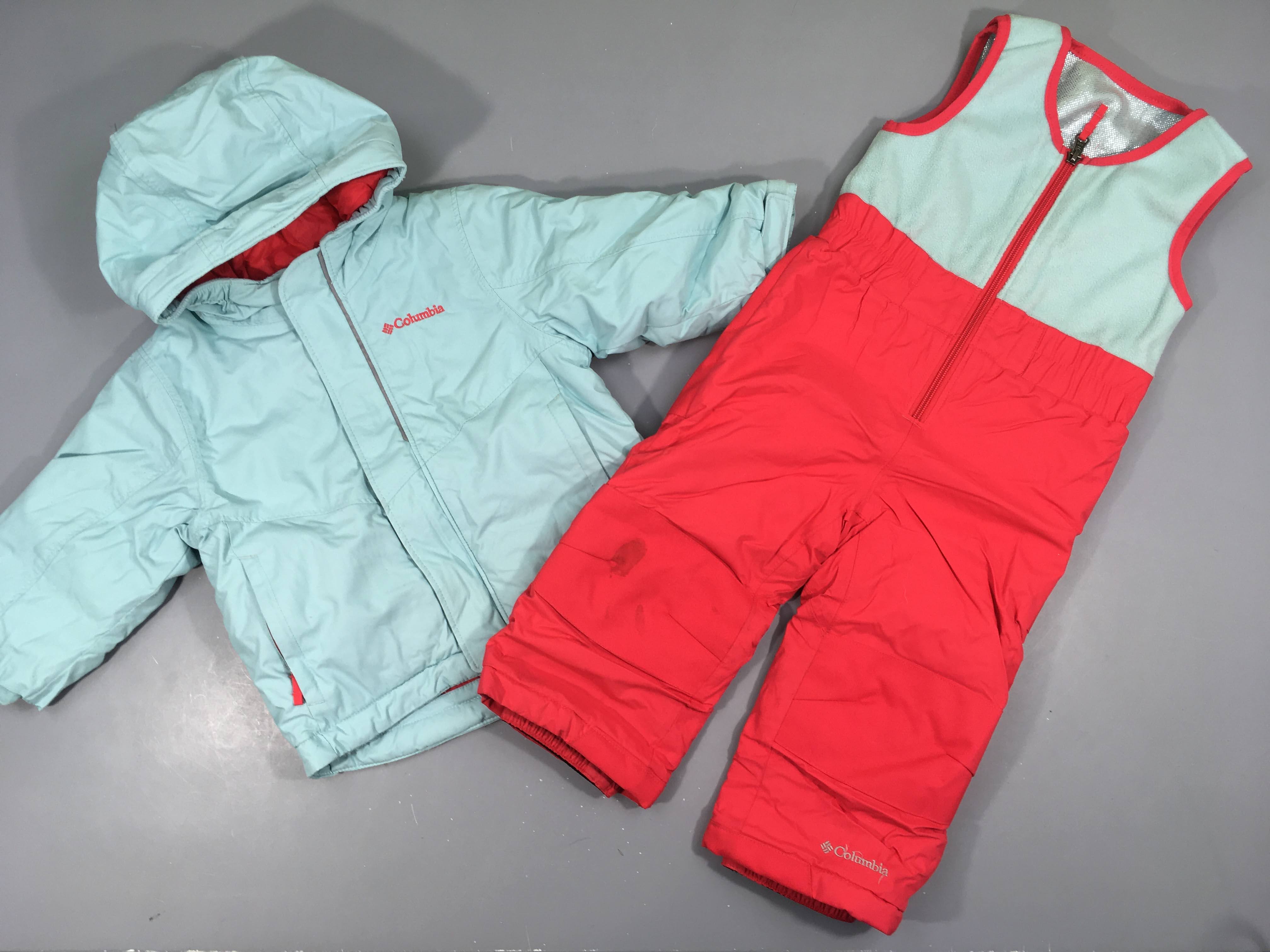 Veste de ski + Combinaison rose/bleu, Columbia, genoux taché